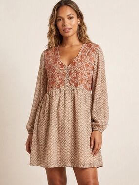 JODIFL Rust and Beige V-Neck Long Sleeve Mini Dress Embroidery